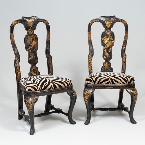 Pair of Queen Anne Black Lacquer and Parcel-Gilt Side Chairs