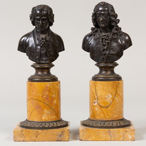 Pair of French Bronze and Siena Marble Portrait Busts of Voltaire and Rousseau