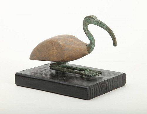 EGYPTIAN STYLE VERDIGRIS BRONZE AND WOOD FIGURE OF AN IBIS