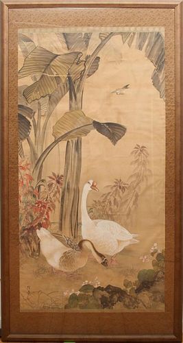 JAPANESE SCHOOL: TWO GEESE ON ROCKY SHORE WITH PALM TREE"	"	Watercolor on silk laid down, with embroidered mat."