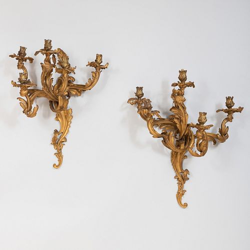 Pair of Large Louis XV Style Gilt-Bronze Five Light Sconces