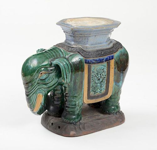CERAMIC GLAZED GARDEN SEAT, IN THE FORM OF AN ELEPHANT
