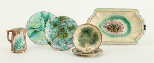 MAJOLICA FAUX BOIS PITCHER, A BASKET-FORM TRAY, AND FOUR PLATES