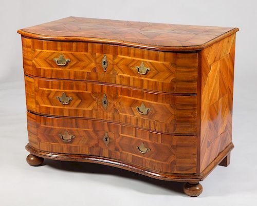 GERMAN BAROQUE WALNUT AND FRUITWOOD PARQUETRY SERPENTINE-FRONTED CHEST OF DRAWERS