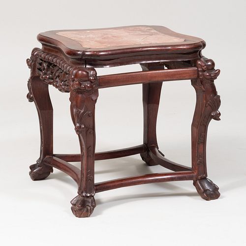 Chinese Carved Hardwood and Marble Low Table