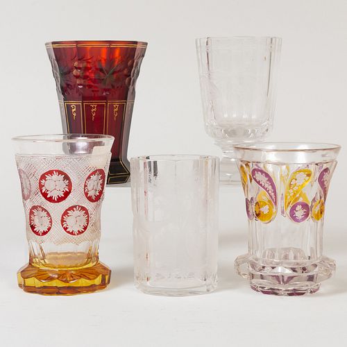 Group of Five Bohemian Cut, Etched and Cased Glasses