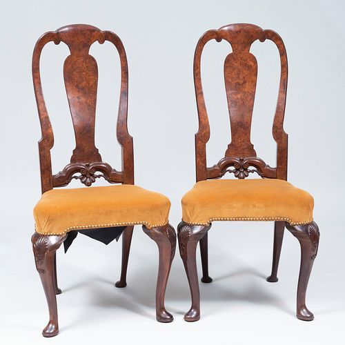 Pair of Queen Anne Style Burl-Walnut and Walnut Side Chairs