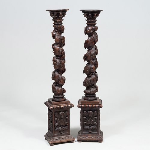 Pair of Renaissance Revival Carved Oak Columns