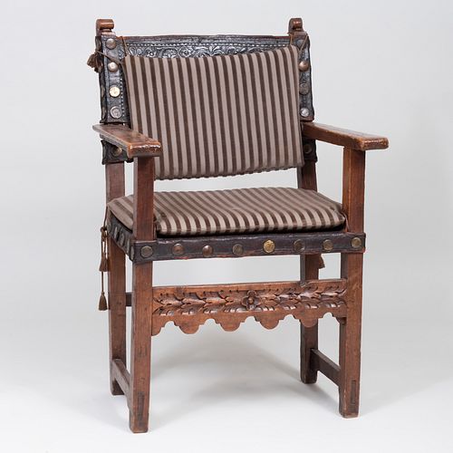 William and Mary Oak and Embossed Leather Armchair 