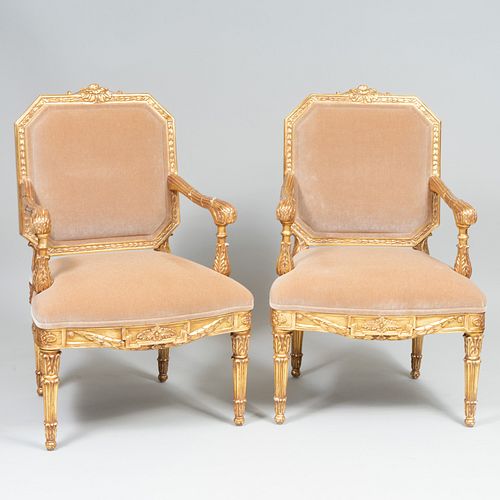 Pair of Italian Neoclassical Style Giltwood Armchairs