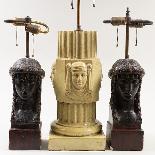 Pair of Painted Plaster Classical Bust Form Lamps and a Glazed Terracotta Columnar Form Lamp