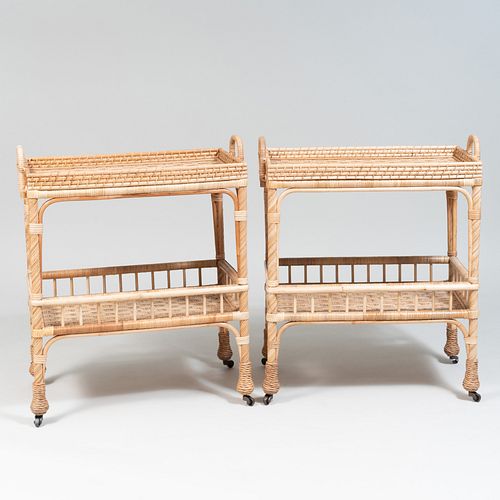 Pair of Wicker Two Tier Bar Carts, of Recent Manufacturer