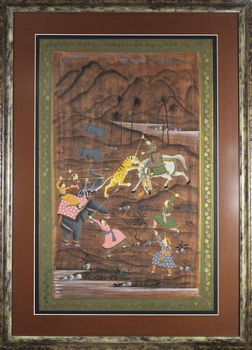 India Gouache on Silk Painting, Mughul Tiger Hunt