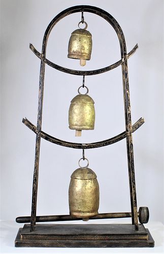 Set of 3 Indian Brass Bells on Stand with Mallet