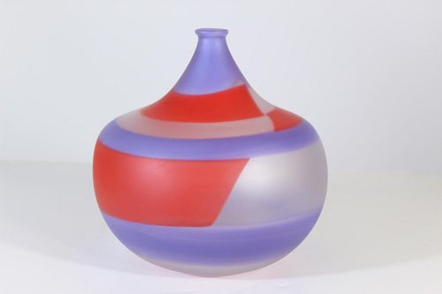 Art Deco Blue & Red Frosted Glass Vase