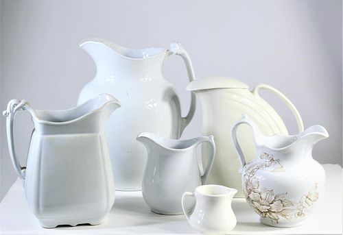 Group (6) Porcelain Pitchers and (2) Chamber Pots