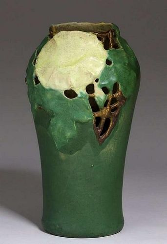 Arts & Crafts Matte Green Cutout Vase c1910