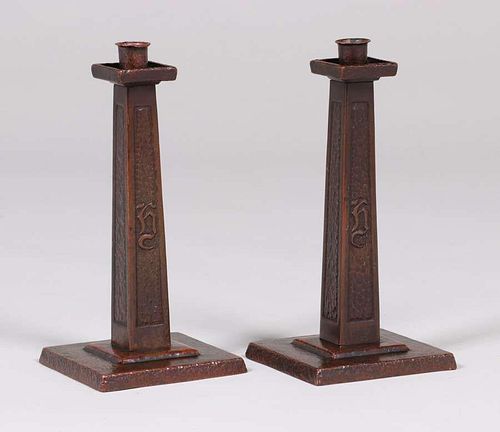 Pair Arts & Crafts Hammered Copper Square Candlesticks