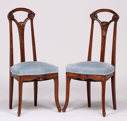 Pair Majorelle Hand-Carved Art Nouveau Side Chairs