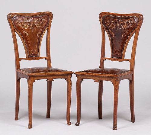 Pair Art Nouveau Side Chairs Tooled Leather Seats c1900