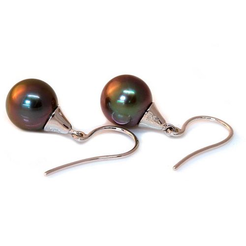 Black cultured pearl & 18k white gold drop earrings