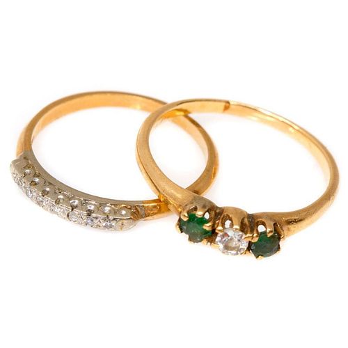 Two diamond, emerald & 18k gold bands