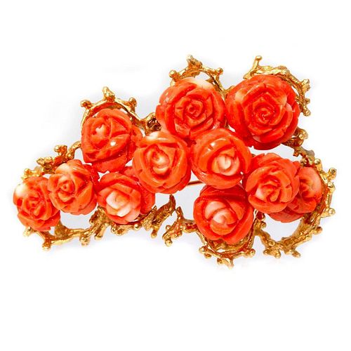 Carved coral rose & 14k gold brooch