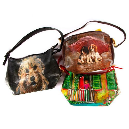 Three Icon Los Angeles painted leather handbags
