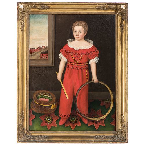 A Folk Art Portrait of Johnathan Southwick in Red with Hoop Toy