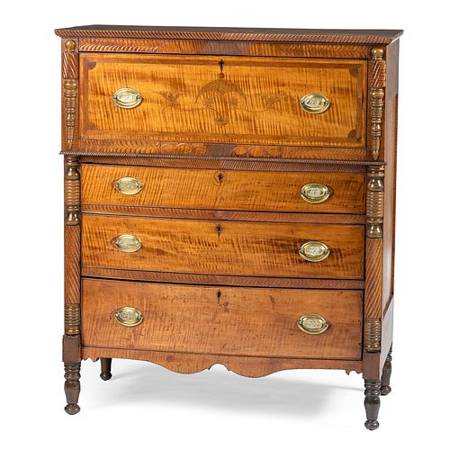 A Rare Federal Carved, Inlaid and Figured Maple Chest of Drawers