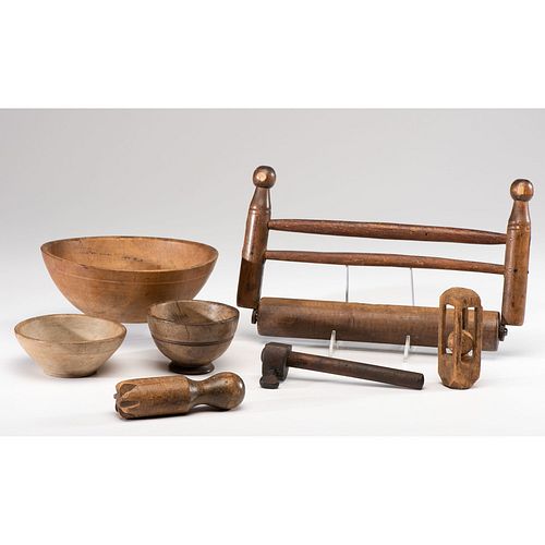 Three Turned Wooden Bowls & Other Kitchen Tools