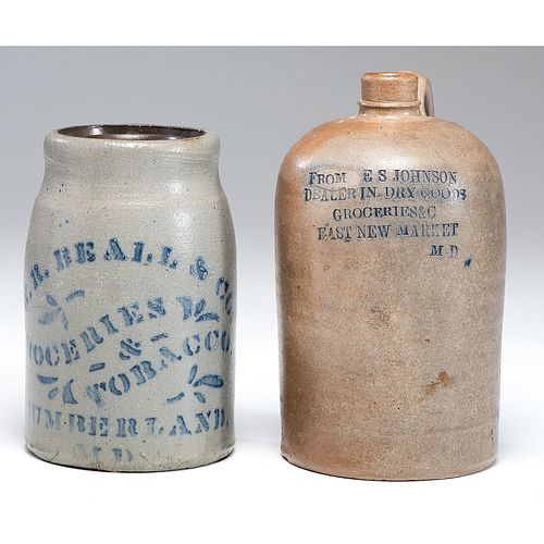 Two Maryland Stoneware Grocer's Advertising Vessels