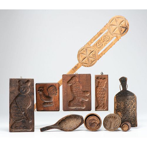 Ten Wooden Print Molds and Butter Paddles