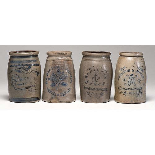 Four Hamilton and Jones Cobalt-Decorated Stoneware Jars