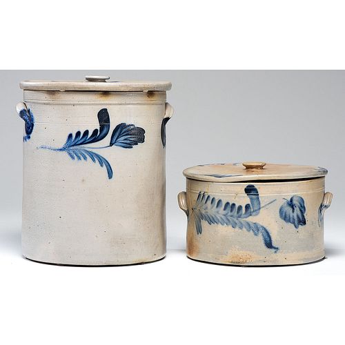 Two Lidded Cobalt Plume and Flower-Decorated Crocks