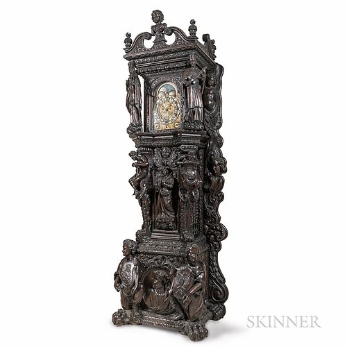 Monumental Carved English Oak Quarter-chiming, Musical, Triple Calendar Hall Clock