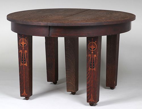 United Specialty Co Five-Leg Inlaid Dining Table c1910