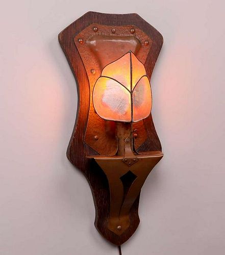 Arts & Crafts Hammered Copper, Oak & Shell Wall Sconce