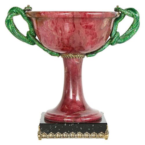 Exquisite Silver, Marble, & Diamond Mounted Rhodonite Bowl with Snake Handles