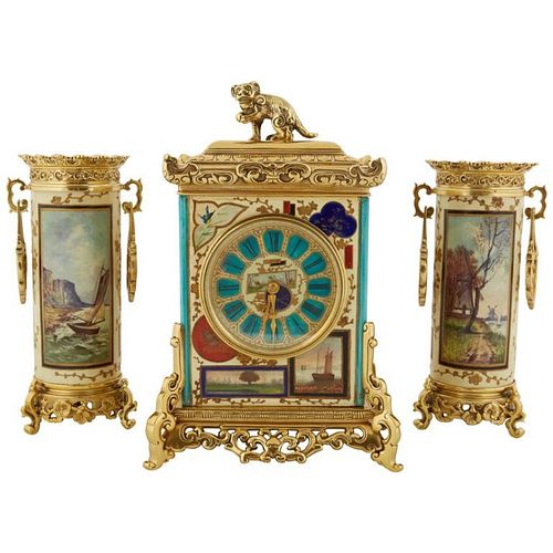 French Japonisme Gilt-Metal Mounted Three-Piece Porcelain Clock Garniture