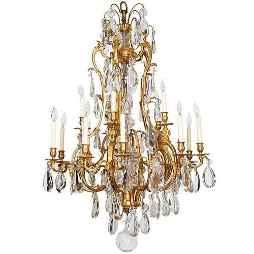Exceptional French Ormolu Bronze Baccarat Glass Crystal Fifteen-Light Chandelier