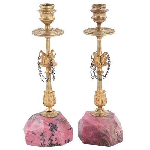 Pair Russian Gilt Bronze & Rhodonite Candlesticks with Eagle