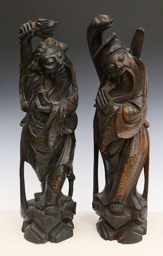 Pr ANTIQUE CHINESE SILVER INLAY WOODEN IMMORTALS
