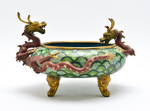 Chinese Cloisonne Footed Bowl w Dragon Mounts