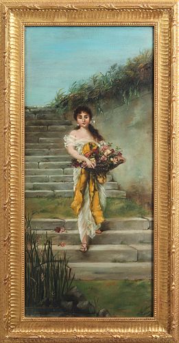 Signed Girl w Flower Basket, Oil on Metal