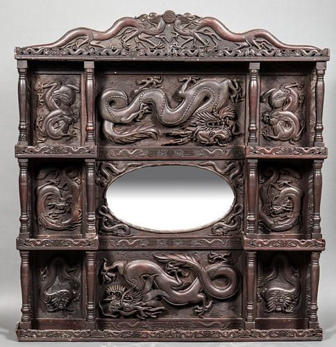 Asian Carved Wood Overmantel with Dragons & Mirror