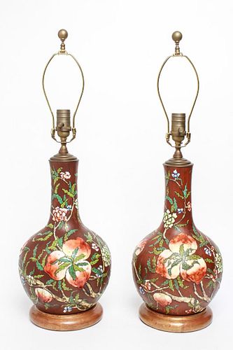 Chinese Qing Enameled Tianqiuping Vase Lamps, Pair
