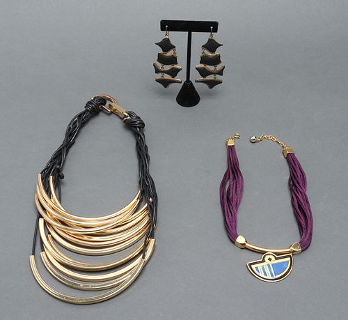 Gold Tone Metal and Cord Necklaces & Earrings, 3