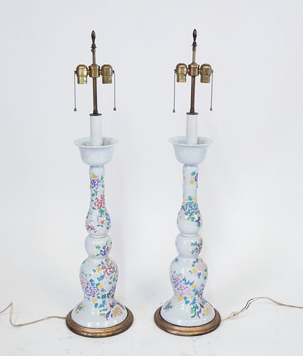 Chinese Painted Glass Candlestick Lamps, Pair