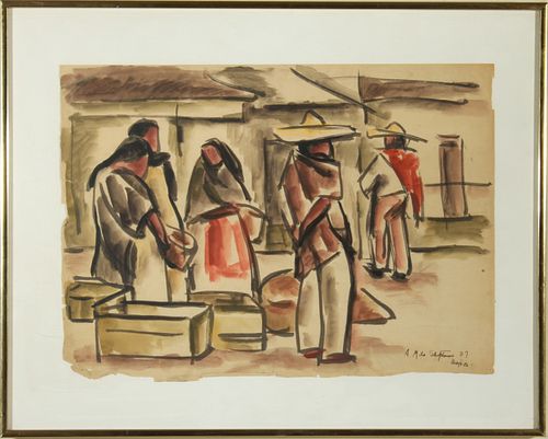 Illegibly Signed "Mexican Figures" Watercolor 1937